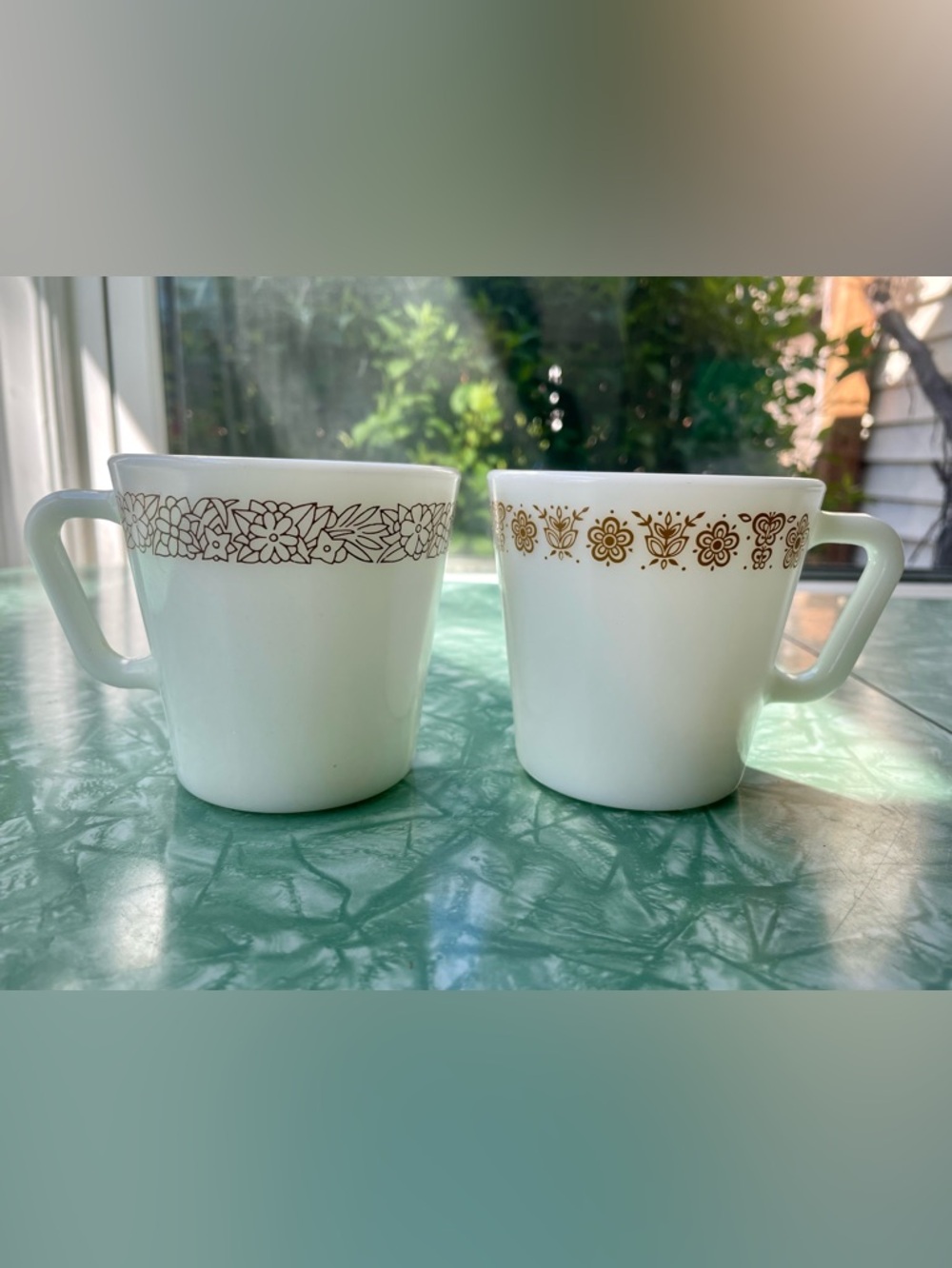 Vintage White Floral Band Pyrex Coffee Mugs - Set of 2